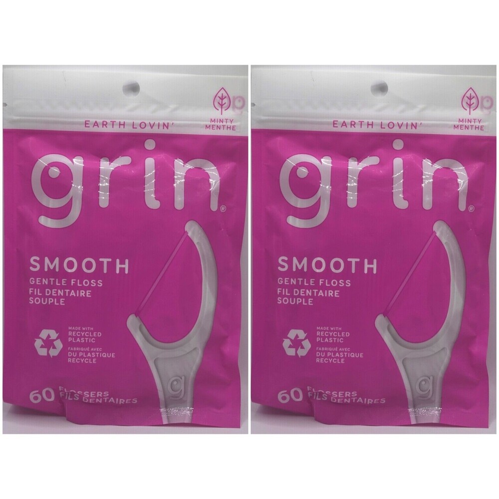 x2 Grin Smooth Gentle Floss Plastic Flossers 60 Pick Flossers Minty- 120ct total